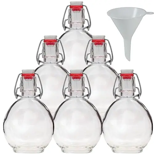 Produktbild: Viva-Haushaltswaren - 6 Glasflaschen 200ml mit Bügelverschluss / Feldflasche zum Selbstbefüllen, inkl. einem Einfülltrichter Ø 7cm