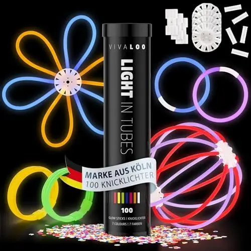 Produktbild: Vivaloo 200 Knicklichter Set 7 Farben inkl. Verbinder - Leuchtstäbe für Armbände, Brillen, Bälle - Festival Zubehör - Neon Lichter - Deko