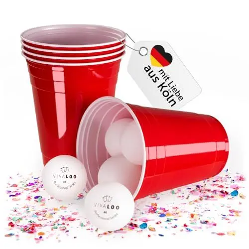 Produktbild: Vivaloo Partybecher 50 Stück + 6 Bälle - 473 ml Plastikbecher wiederverwendbar - Original American Red Cups - Partybecher Hartplastik Becher - Party Becher - Plastik Becher Party - Getränkebecher