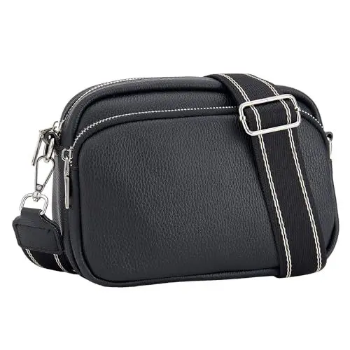 Produktbild: Vividora Damen Handy Umhängetasche,PU Leder Breiter Gurt Crossbody Bag kleine Handy Schultertasche Handtasche Damen mit Verstellbar Abnehmbar Schultergurt u 2 fächern Schwarz