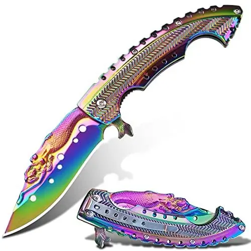 Produktbild: Vividstill Bunte Klappmesser für Männer, cool Taschenmesser mit 3D Meerjungfrau Titanplattiert Prägen Reliefgravur, gute Geschenk Edc Messer für Männer Outdoor Überleben Camping…
