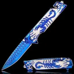 Produktbild: Vividstill Taschenmesser für Männer, cool Klappmesser mit 3D Skorpione Reliefgravur, gute Geschenk Edc Messer für Männer Outdoor Überleben Camping Wandern Jagdmesser (blau)