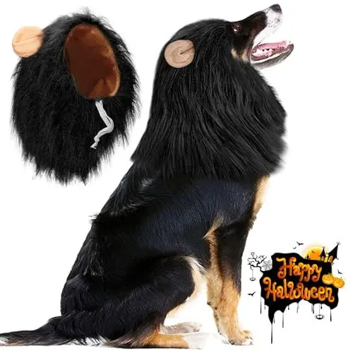 Produktbild: Vivifying Hundekostüm Löwenmähne Hund, Verstellbar Hunde Halloween Kostüm Perücke mit Ohren für Mittlere und Große Hunde (Schwarz)