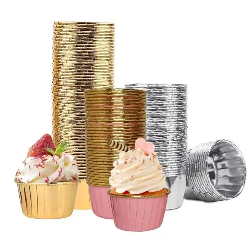 Produktbild: VIVIIHOO 150 Stücke Muffinförmchen Papier - Wasserdicht, Ölfest & Antihaftbeschichtet! Cupcake Förmchen aus Aluminiumfolie in Gold, silbrig & Rosa. Perfekt für Mini Muffins Papierförmchen!