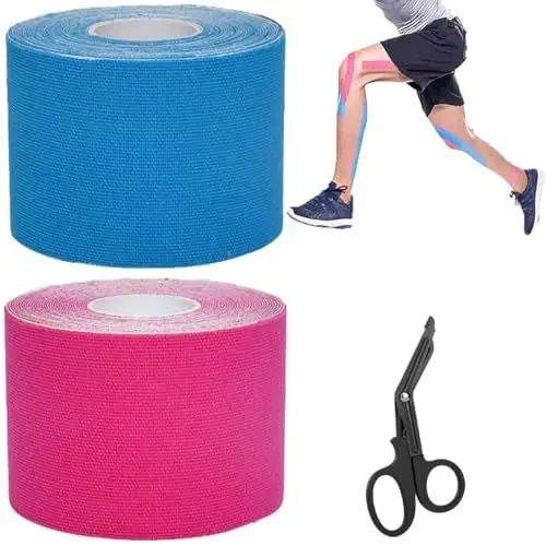 Produktbild: VIVIIHOO 2 Rollen Kinesiologie Tape 5cm x 5m - Wasserfestes & Elastisches Hautfreundlich Physio Tape und Kinesio Tape für Schmerzen in Knien, Ellenbogen und Schultern - Blau & Pink kostenloser Schere