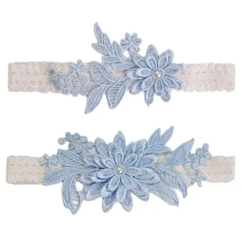 Produktbild: VIVIIHOO 2er Set Handgefertigte Strumpfbänder für Hochzeit - Blaues Strumpfband mit Spitze und Strasssteinen, Brautaccessoire für Bräute und Damen