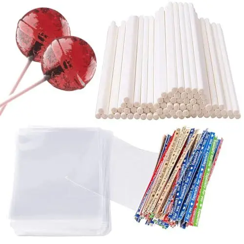 Produktbild: VIVIIHOO 300 Stück Cake Pop Stiele Set: 100 Stück Lollipop-Sticks, 100 Tütchen und 100 Bindedrähte für leckere Cake Pops und süße Deko