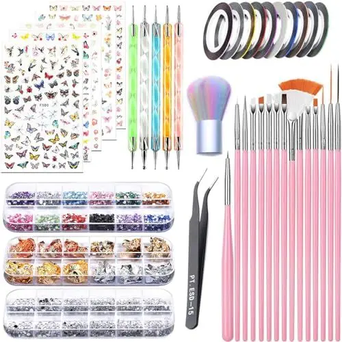 Produktbild: VIVIIHOO Nagelsticker & Nageldesign Zubehör Set -5 Nagelsticker, Pinsel, Strasssteine, Streifenband, Blattgold-Perfekt für Maniküre und Gelnägel - 50-teiliges Set