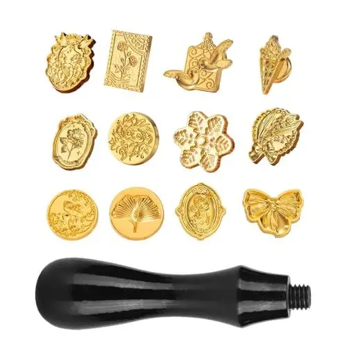 Produktbild: VIVIIHOO Siegelstempel Set, 12 Stück Wachs Stempel inkl. Holzgriff, siegelwachs Stempel für Umschlag Einladung Brief Geschenkverpackung, wachsstempel personalisiert mit klassischen Mustern