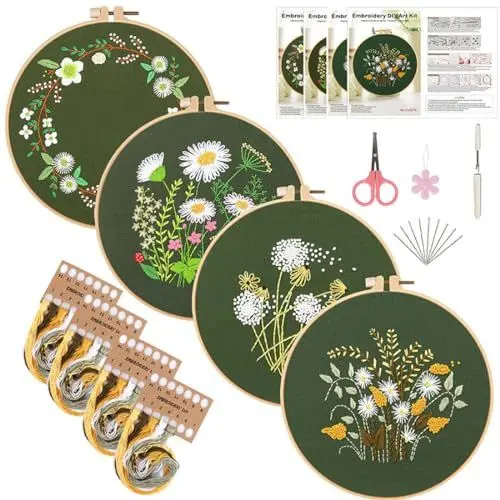 Produktbild: VIVIIHOO Stickset für Anfänger - 4 Stück Stickerei Starter Kit für Erwachsene inkl. Stickrahmen, Farbfäden & Anleitung - DIY Stickerei Set für Handwerk & Nähen - Blumenmuster Kreuzstich Stickset