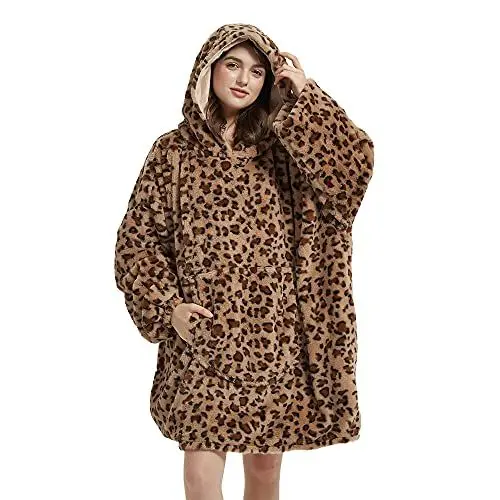 Produktbild: Viviland Oversized Hoodie Fuzzy Blanket Sweatshirt, Super weicher warmer bequemer Riesenpullover mit großer Fronttasche, Geschenke für Frauen Männer Teenager Kinder, Gepard Print Braun
