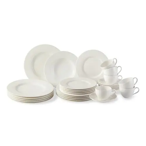 Produktbild: vivo – Villeroy & Boch – Basic White Kombiservice 30 Teilig, Spülmaschinenfest, Mikrowellensicher, Tafelservice Weiß, Geschirrset, Kaffeeservice, Keramik, Teller, Tassen, Premium Porzellan