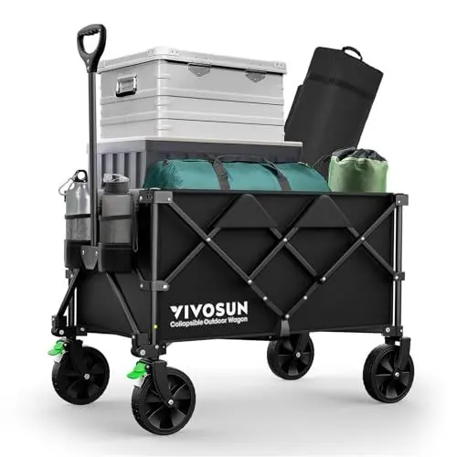 Produktbild: VIVOSUN 200L XXL Bollerwagen Faltbar mit Bremsen, 136kg Tragkraft, Klappbarer Handwagen mit 360°drehbare Räder für alle Gelände, Gartenwagen für Camping, Garten, Sport, Picknick, Einkaufen, Schwarz