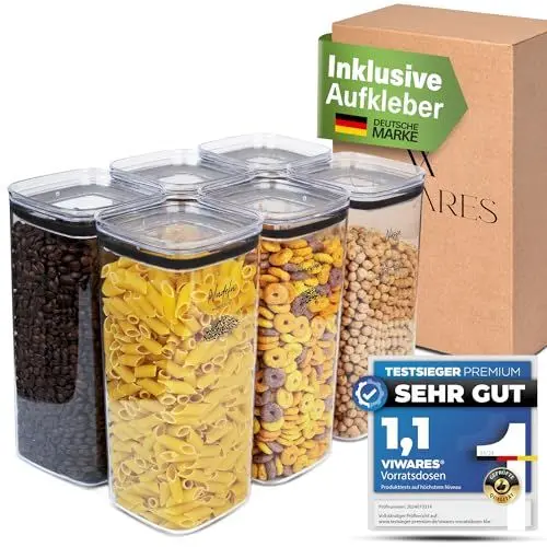 Produktbild: Viwares Vorratsdosen mit Deckel Luftdicht - 6er Vorratsbehälter Set - BPA-FREI - Schüttdosen zur Mehl Zucker & Müsli Aufbewahrung Küche - Praktische Aufbewahrungsbox Küche für alle Lebensmittel