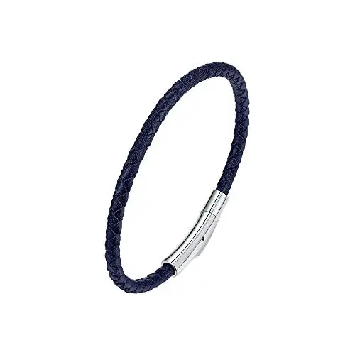 Produktbild: Viwind Echt leder armband Herren Damen Armband 4mm breit geflochten Lederband 17.5/20.5cm Edelstahl Gravur für DIY Anhänger Schmuck mit Geschenkbox (21.5cm, Blau)