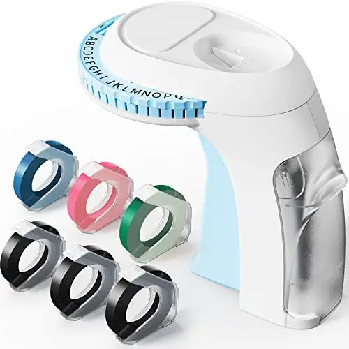 Produktbild: Vixic Beschriftungsgerät, Omega S Etikettiergerät Prägegerät mit 6 Prägebändern, Label Embosser Tragbarer Etikettiergerät, 3D Prägegerät Etikettendrucker für Haus, Büro