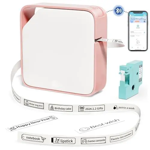 Produktbild: Vixic Tragbarer D1600 beschriftungsgerät Bluetooth Selbstklebendes Etikettiergerät, Mini selbstklebend Etikettendrucker mit 1 Etikettenband, Kabelloser, Thermo Label Printer mit iOS Android, Weiß-Rosa