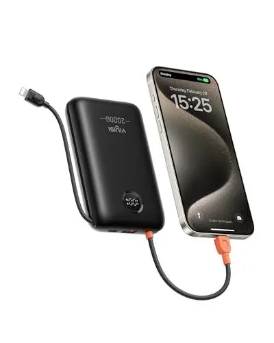 Produktbild: VIYISI Power Bank 20000mAh, 30W PD Schnellladegerät mit integrierten USB-C & Lighting Kabeln, Tragbares Akkupack mit LED Display für iPhone 15/14/13/12, iPad, AirPods, Galaxy, usw (Schwarz)