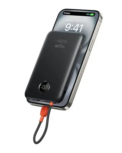 Produktbild: VIYISI Powerbank 10000mAh, Ultrakompaktes Akkupack mit integriertem USB-C Kabel & LED-Anzeige, Externer Akku max.22,5W für iPhone 16/15, iPad, Samsung Galaxy, Huawei, Google Pixel – Schwarz