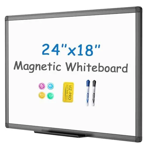 Produktbild: VIZ-PRO Magnetisches Whiteboard/Trockentafel mit schwarzem Aluminiumrahmen, 60 x 45 cm, inklusive 1 Radiergummi & 2 Marker & 4 Magneten