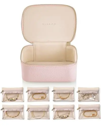 Produktbild: Vlando Reise Schmuckkästchen, Modern Schmuckkasten mit 8 Schmuckbeutel, Reise Schmuck organizers aus Leder, Transparente Samtbeutel, Schmuckaufbewahrung, Geschenkidee für Frauen, Mädchen, Rosa