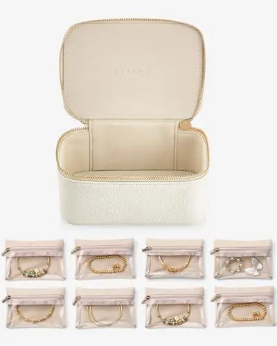 Produktbild: Vlando Reise schmuckkasten, Modern Schmuckkästchen mit 8 Schmuckbeutel, Reise Schmuck organizers aus Leder, Transparente Samtbeutel, Schmuck-Etui für Frauen, Mädchen, Geschenk, Weiß