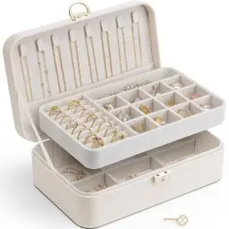 Produktbild: Vlando Schmuckkästchen Mädchen Damen, Doppelschicht Schmuckkasten, Abschließbare Schmuckschatulle, Schmuckaufbewahrung Box für Ringe Ohrringe Armbänder Halsketten, Schmuckkoffer,Hellgelb
