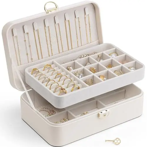 Produktbild: Vlando Schmuckkästchen Mädchen Damen, Doppelschicht Schmuckkasten, Abschließbare Schmuckschatulle, Schmuckaufbewahrung Box für Ringe Ohrringe Armbänder Halsketten, Schmuckkoffer,Hellgelb
