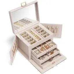 Produktbild: Vlando Schmuckkästchen Schmuckkasten Groß mit 4 Ebenen, Schmuckschatulle PU Leder, Schmuckbox mit Spiegel und Schubladen, Schmuck Organizers, Innenfutter aus Samt, Beige