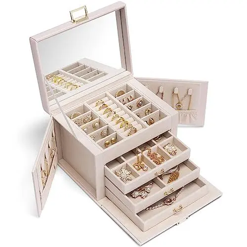 Produktbild: Vlando Schmuckkästchen Schmuckkasten Groß mit 4 Ebenen, Schmuckschatulle PU Leder, Schmuckbox mit Spiegel und Schubladen, Schmuck Organizers, Innenfutter aus Samt, Beige