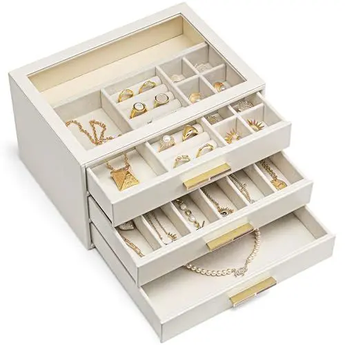 Produktbild: Vlando Schmuckkästchen - Ästhetischer Schmuck Organizer mit 3 Ebenen - Personalisierter Schmuckkasten，Jewelry Organizer mit Glasdeckel, Schmuckaufbewahrung Groß, Geschenk für Frauen