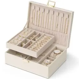 Produktbild: Vlando Schmuckkästchen für Damen Mädchen, 2 Ebenen Schmuckaufbewahrung Leder, Schmuckkasten mit 2 Uhrenkissen, Schmuck Organizer, Schmuckschatulle, Geschenkidee, für Uhren, Ringe Ohrringe Halsketten