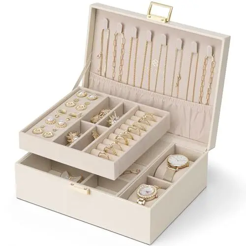 Produktbild: Vlando Schmuckkästchen für Damen Mädchen, 2 Ebenen Schmuckaufbewahrung Leder, Schmuckkasten mit 2 Uhrenkissen, Schmuck Organizer, Schmuckschatulle, Geschenkidee, für Uhren, Ringe Ohrringe Halsketten