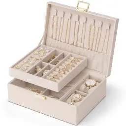 Produktbild: Vlando Schmuckkästchen für Damen Mädchen, 2 Ebenen Schmuckaufbewahrung PU-Leder, Schmuckkasten, Schmuck Organizer Damen, Schmuckschatulle, Uhren Aufbewahrung, für Ringe Ohrringe Halsketten, Beigerosa