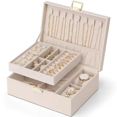 Produktbild: Vlando Schmuckkästchen für Damen Mädchen, 2 Ebenen Schmuckaufbewahrung PU-Leder, Schmuckkasten, Schmuck Organizer Damen, Schmuckschatulle, Uhren Aufbewahrung, für Ringe Ohrringe Halsketten, Beigerosa