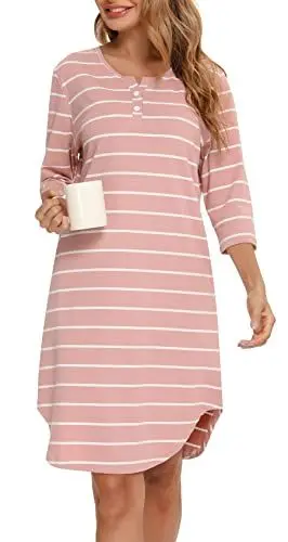 Produktbild: Vlazom 3/4 Ärmel Nachthemd V-Ausschnitt Damen Nachthemd mit Zwei Knöpfe Baumwolle Streifen Schlafhemd Damen Nachtwäsche mit Taschen(XL,Stil A-Rosa)