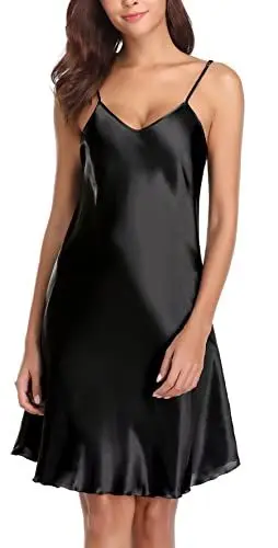 Produktbild: Vlazom Damen Nachthemd Satin Sexy Negligee Unterkleid mit Spaghettiträger V Ausschnitt Nachtkleid für Frauen(M,Stil A-Schwarz)