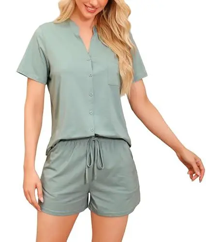 Produktbild: Vlazom Damen Pyjama Schlafanzug Kurz Baumwolle Sommer Nachtwäsche V Aussschnitt mit Knöpfe und Taschen（L,Hell Grün）