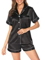 Produktbild: Vlazom Damen Satin Schlafanzug Kurzarm Satin Pyjama Set mit Knopfleiste Zweiteiliger Hausanzug（M,Schwarz）
