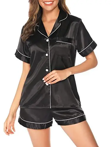 Produktbild: Vlazom Damen Satin Schlafanzug Kurzarm Satin Pyjama Set mit Knopfleiste Zweiteiliger Hausanzug（M,Schwarz）