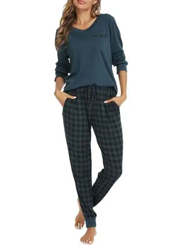 Produktbild: Vlazom Damen Schlafanzug Lang Zweiteiliger Schlafanzug Winter Pyjama Set V-Ausschnitt Langarm Pyjama Set(M,Grün)