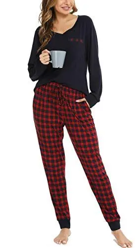 Produktbild: Vlazom Damen Schlafanzug Lang Zweiteiliger Schlafanzug Winter Pyjama Set V-Ausschnitt Langarm Pyjama Set(M,Rot)
