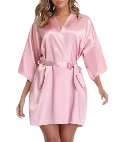 Produktbild: Vlazom Kimono Robe Damen Morgenmantel Kurzer Satin Bademantel Mit Gürtel V-Ausschnitt Kimono(S,Rosa)