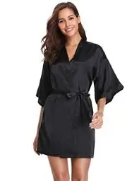 Produktbild: Vlazom Kimono Robe Damen Morgenmantel Kurzer Satin Bademantel Mit Gürtel V-Ausschnitt Kimono(M,Schwarz)