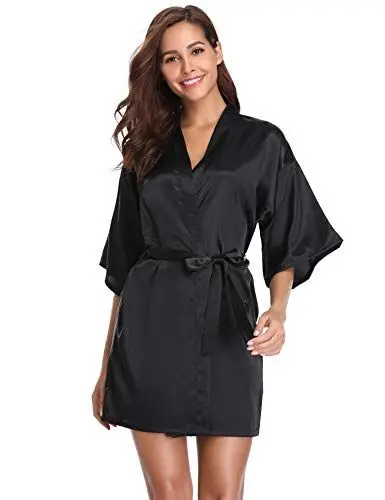 Produktbild: Vlazom Kimono Robe Damen Morgenmantel Kurzer Satin Bademantel Mit Gürtel V-Ausschnitt Kimono(M,Schwarz)