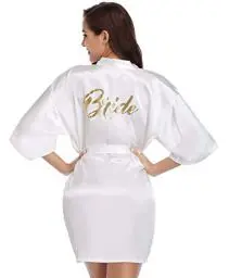 Produktbild: Vlazom Morgenmantel für Hochzeit Satin Kimono Badmantel für Braut&Brautjungfern V-Ausschnitt Damen Robe mit Gürtel(L,Weiß für Braut)