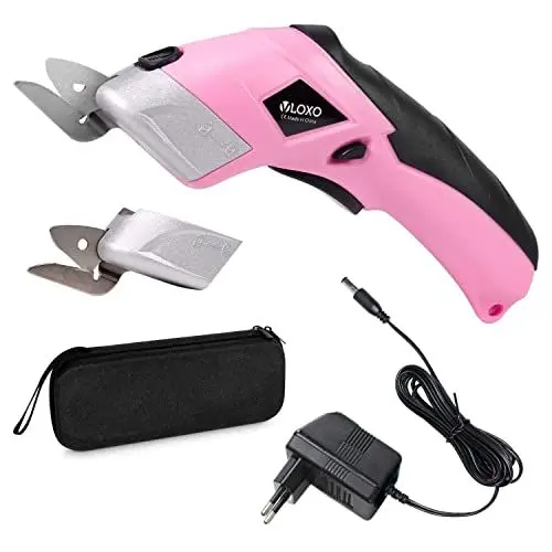 Produktbild: VLOXO Elektrische Schere Kabelloser Schneider mit 2 Schneidklingen für Handwerk zum Schneiden von Karton Leder Teppich Topfpflanze Blumen wiederaufladbare Papierschneider Schere mit Ladengerät Rosa