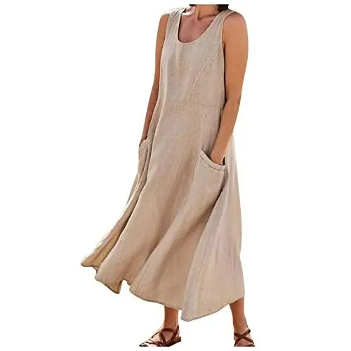 Produktbild: Ansenesna Leinenkleider Damen Leichtes Langes Sommerkleid mit Taschen Damen Leinen Elegantes Maxikleider Damen Sommer Lange Kleider Frauen Luftige Sommerkleider Ohne Ärmel Leichte Damenkleider