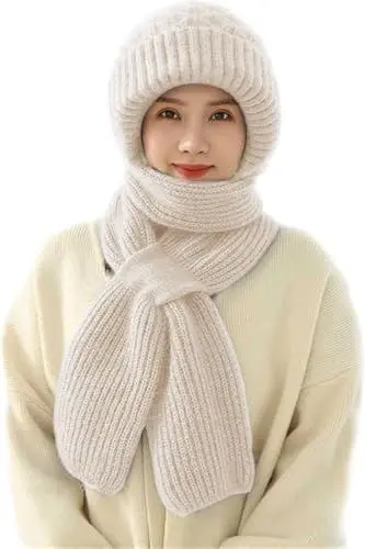 Produktbild: Vmhkjo Integrierter Gehörschutz Winddichte Mütze Schal,2 in 1 Winddichter Mützenschal Niedlich Mütze Schal Set Damen mit Brosche Winter Warm Strickmütze,Kapuzenschal für Frauen