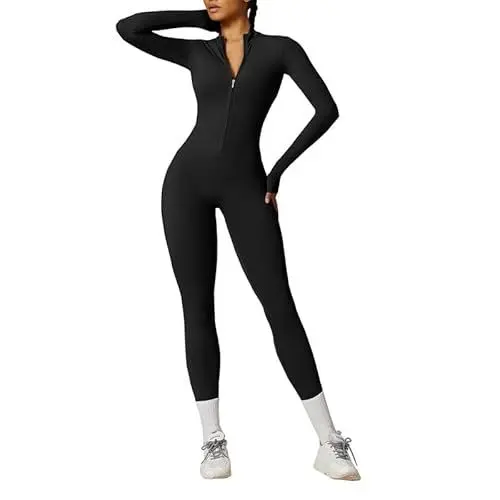 Produktbild: Vmhkjo Jumpsuit Damen Lang Eng Langarm Reißverschluss Overall Einteiler Yoga Bodycon Bodysuit Einteiler Romper Ganzkörperanzug,Schwarz,S